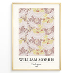 Ladda upp bild till gallerivisning, Framed William Morris Larkspur 1865 art print plakat with intricate floral and leaf patterns in beige, yellow, and red shades.
