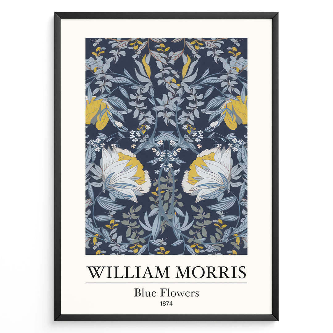 Framed William Morris Blue Flowers 1874 art print plakat with detailed blue, white, and yellow floral design on a dark background.