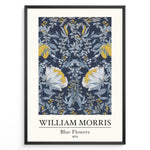 Ladda upp bild till gallerivisning, Framed William Morris Blue Flowers 1874 art print plakat with detailed blue, white, and yellow floral design on a dark background.
