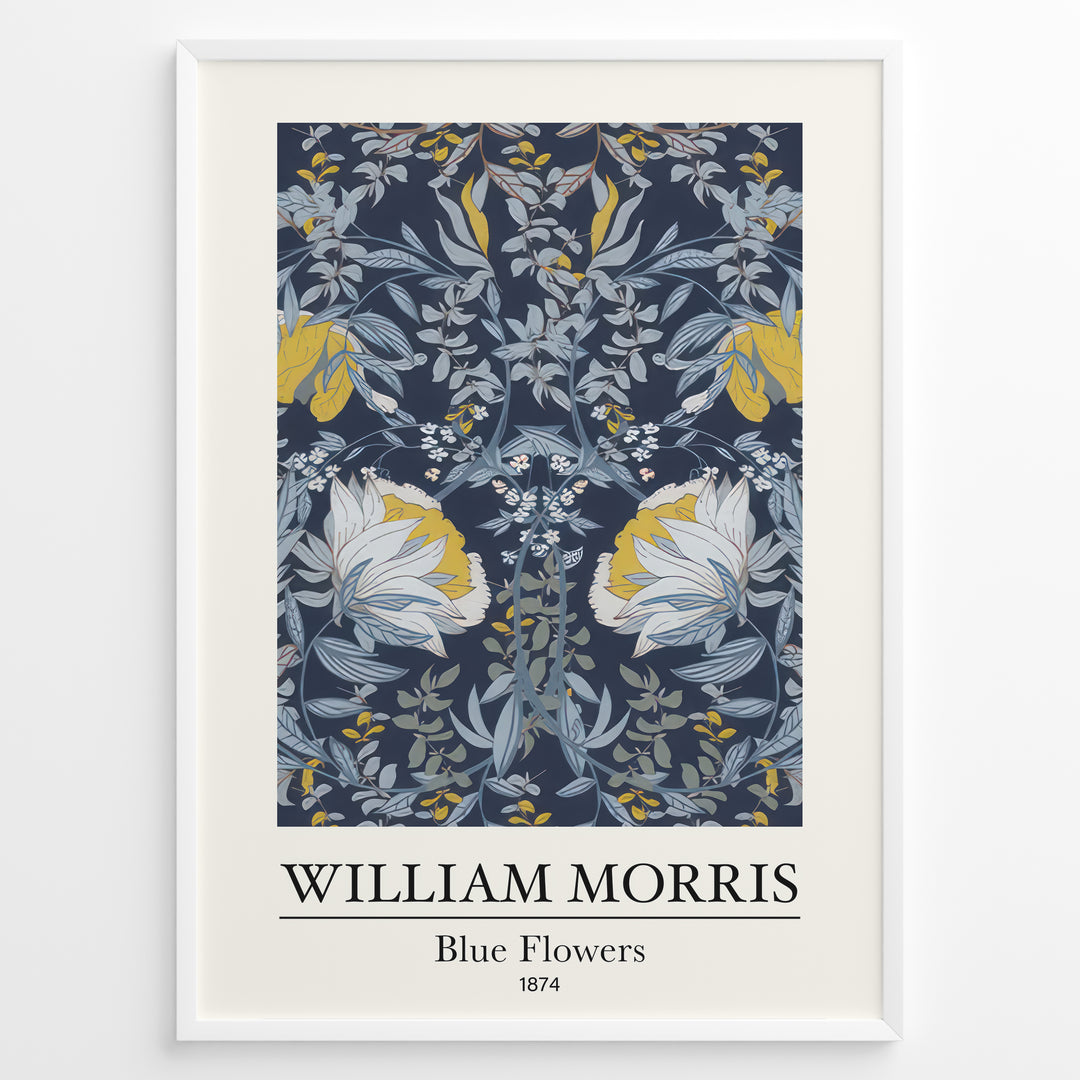 Framed William Morris Blue Flowers 1874 art print plakat with detailed blue, white, and yellow floral design on a dark background.