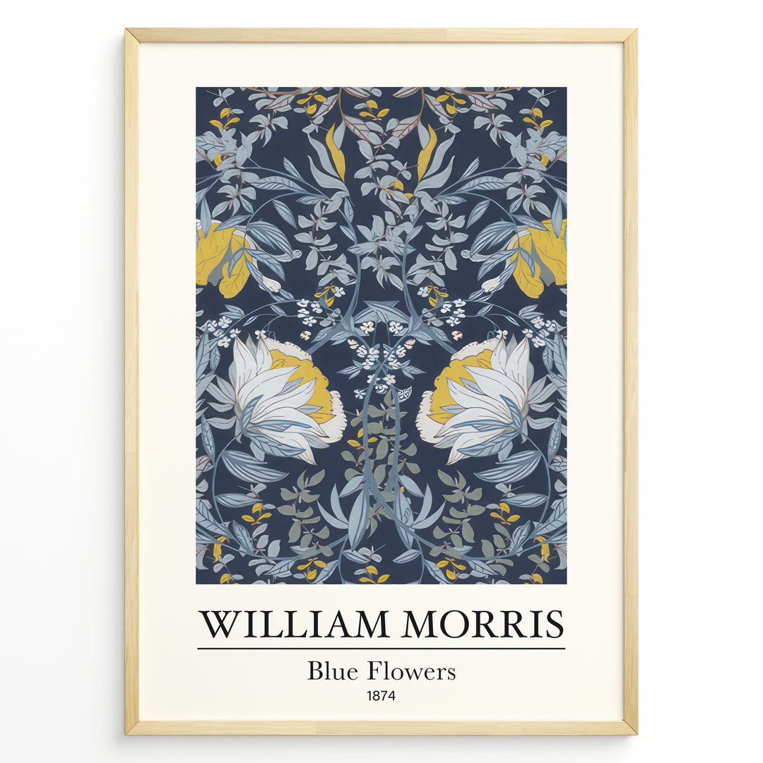 Framed William Morris Blue Flowers 1874 art print plakat with detailed blue, white, and yellow floral design on a dark background.