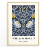 Ladda upp bild till gallerivisning, Framed William Morris Blue Flowers 1874 art print plakat with detailed blue, white, and yellow floral design on a dark background.
