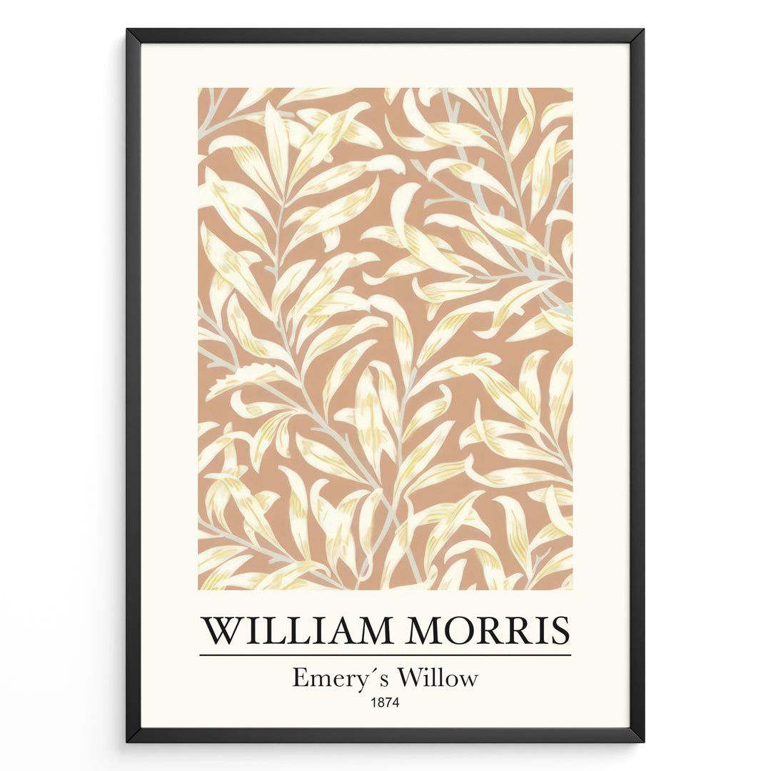 Framed William Morris Emery’s Willow 1874 art print plakat with yellow willow leaves and branches on a beige background.