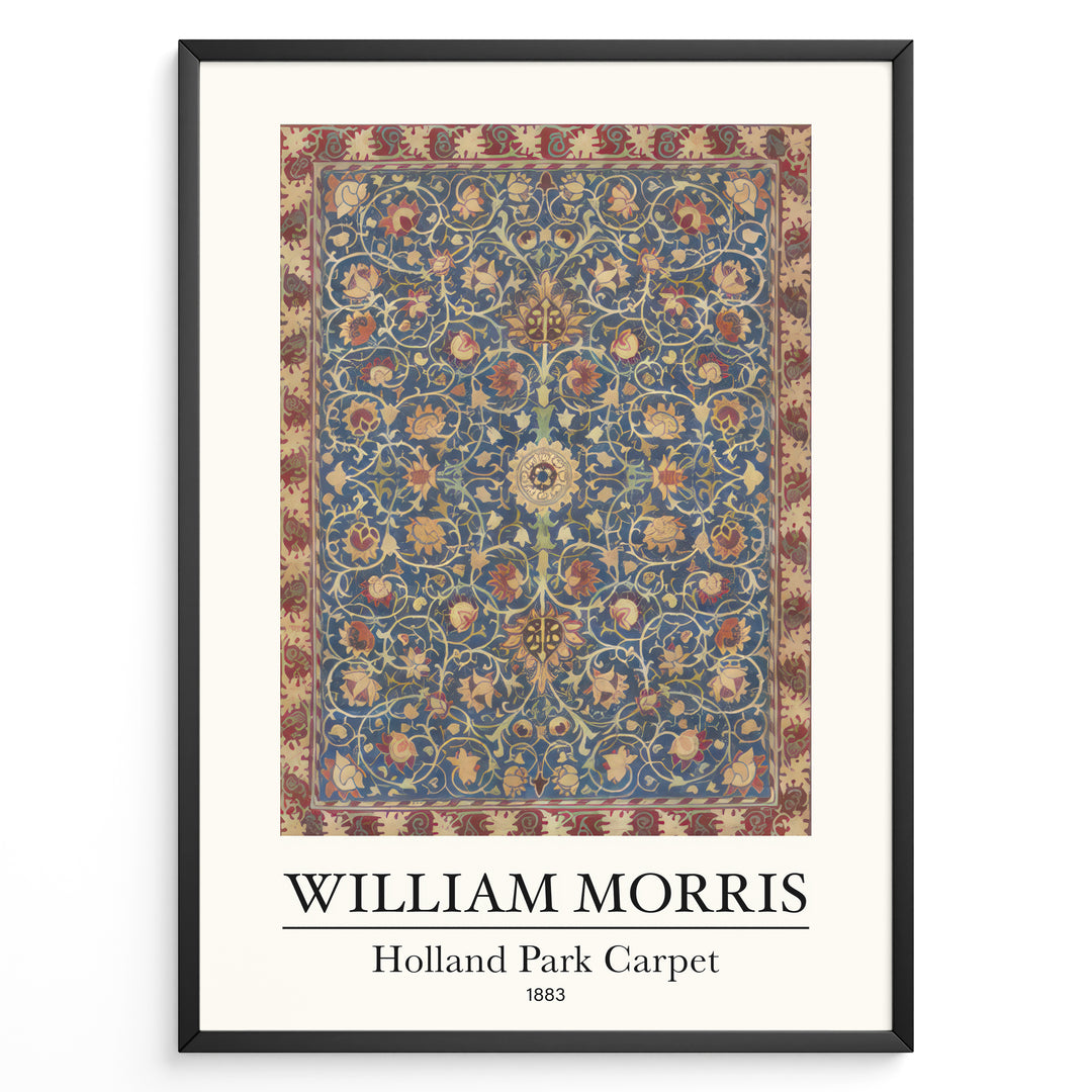 Framed William Morris Holland Park Carpet 1883 art print plakat with detailed blue, red, and gold floral carpet design.