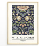Ladda upp bild till gallerivisning, Framed William Morris Lodden 1889 art print plakat with ornate floral motifs in navy blue, gold, and green tones.
