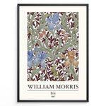 Ladda upp bild till gallerivisning, Framed William Morris Iris 1887 art print plakat featuring blue and amber iris flowers with green leaves on a rich maroon background.
