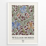 Ladda upp bild till gallerivisning, Framed William Morris Iris 1887 art print plakat featuring blue and amber iris flowers with green leaves on a rich maroon background.
