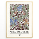 Ladda upp bild till gallerivisning, Framed William Morris Iris 1887 art print plakat featuring blue and amber iris flowers with green leaves on a rich maroon background.
