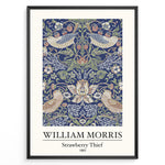 Ladda upp bild till gallerivisning, Framed William Morris Strawberry Thief 1883 art print plakat showing birds and strawberries with ornate floral patterns on a navy background.
