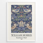Ladda upp bild till gallerivisning, Framed William Morris Strawberry Thief 1883 art print plakat showing birds and strawberries with ornate floral patterns on a navy background.
