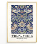 Ladda upp bild till gallerivisning, Framed William Morris Strawberry Thief 1883 art print plakat showing birds and strawberries with ornate floral patterns on a navy background.

