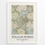 Ladda upp bild till gallerivisning, Framed William Morris Chrysanthemum 1876 art print plakat featuring beige and blue chrysanthemum flowers in a vintage botanical pattern.
