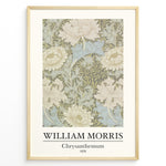 Ladda upp bild till gallerivisning, Framed William Morris Chrysanthemum 1876 art print plakat featuring beige and blue chrysanthemum flowers in a vintage botanical pattern.
