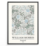 Ladda upp bild till gallerivisning, Framed William Morris Seaweed 1866 art print plakat featuring intricate seaweed-inspired floral and leaf motifs in blue and green on a cream background.
