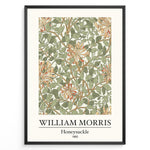 Ladda upp bild till gallerivisning, Framed William Morris Honeysuckle 1885 art print plakat featuring intertwining green leaves and orange honeysuckle flowers on a cream background.
