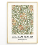 Ladda upp bild till gallerivisning, Framed William Morris Honeysuckle 1885 art print plakat featuring intertwining green leaves and orange honeysuckle flowers on a cream background.

