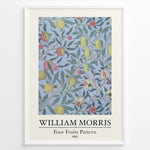 Ladda upp bild till gallerivisning, Framed William Morris Four Fruits Pattern 1862 art print plakat with yellow and red fruits and green leaves on a light blue background.
