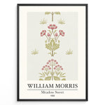 Ladda upp bild till gallerivisning, William Morris Meadow Sweet 1858 floral art print plakat featuring pink and green botanical pattern with flowers and leaves in a black frame.
