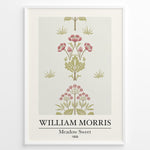Ladda upp bild till gallerivisning, William Morris Meadow Sweet 1858 floral art print plakat featuring pink and green botanical pattern with flowers and leaves in a black frame.
