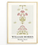Ladda upp bild till gallerivisning, William Morris Meadow Sweet 1858 floral art print plakat featuring pink and green botanical pattern with flowers and leaves in a black frame.
