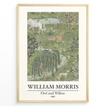 Ladda upp bild till gallerivisning, William Morris Owl and Willow 1887 art print plakat featuring a detailed green landscape with owl, willow tree, horse, birds, and flowers in a black frame.
