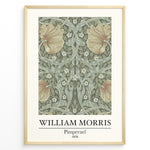 Ladda upp bild till gallerivisning, William Morris Pimpernel 1876 vintage floral art print plakat with green leaves and orange flowers in black frame.
