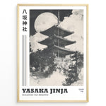 Ladda upp bild till gallerivisning, Japanske plakater | Black and white illustration of Yasaka Jinja’s five-story pagoda in Kyoto, Japan, with a full moon in the background and clouds surrounding the temple.
