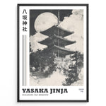 Ladda upp bild till gallerivisning, Japanske plakater | Black and white illustration of Yasaka Jinja’s five-story pagoda in Kyoto, Japan, with a full moon in the background and clouds surrounding the temple.
