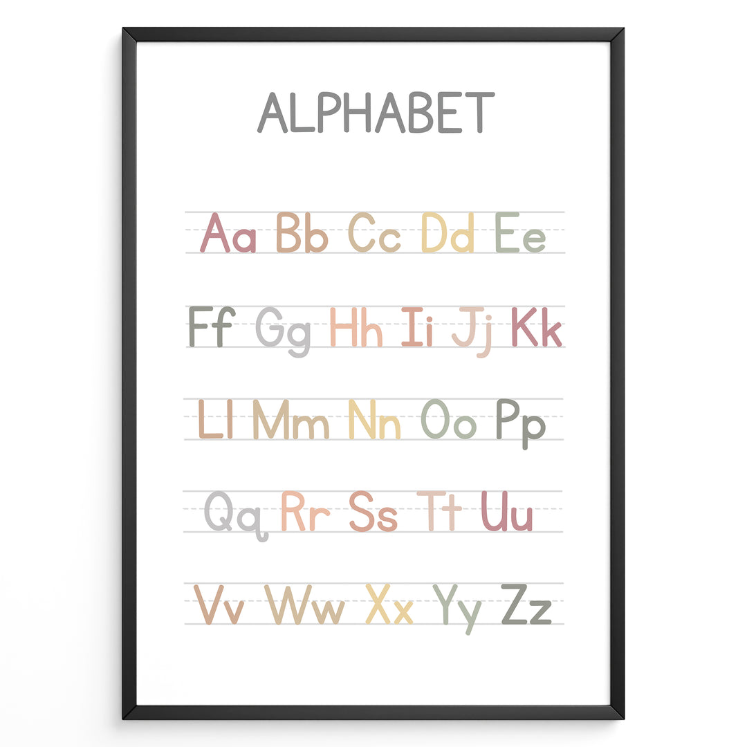 Pastel-colored alphabet poster showing uppercase and lowercase letters arranged on handwriting lines, framed as educational kids’ wall art.