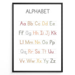 Ladda upp bild till gallerivisning, Pastel-colored alphabet poster showing uppercase and lowercase letters arranged on handwriting lines, framed as educational kids’ wall art.
