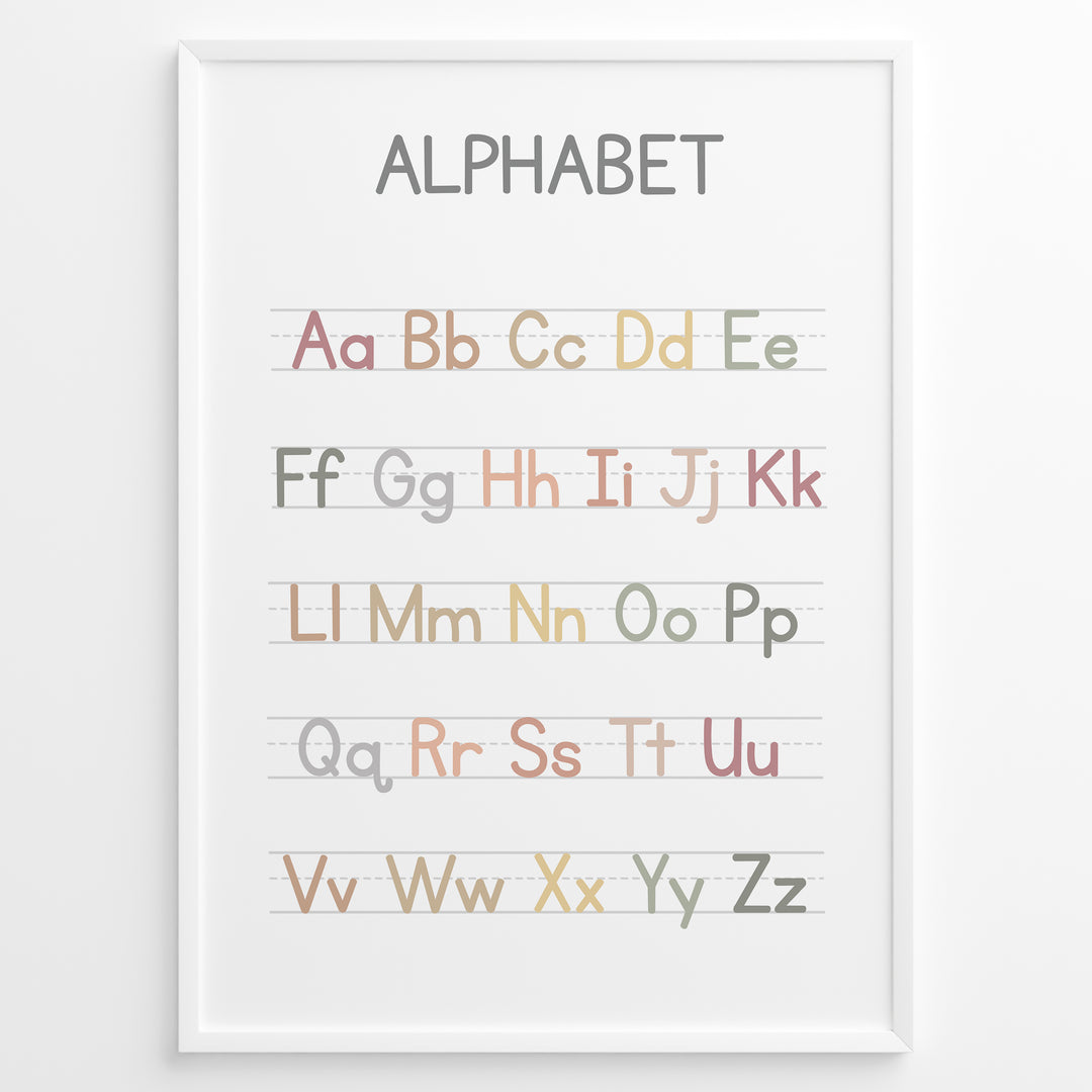 Pastel-colored alphabet poster showing uppercase and lowercase letters arranged on handwriting lines, framed as educational kids’ wall art.