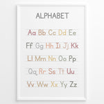 Ladda upp bild till gallerivisning, Pastel-colored alphabet poster showing uppercase and lowercase letters arranged on handwriting lines, framed as educational kids’ wall art.
