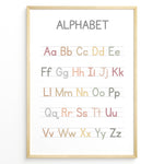 Ladda upp bild till gallerivisning, Pastel-colored alphabet poster showing uppercase and lowercase letters arranged on handwriting lines, framed as educational kids’ wall art.
