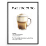 Ladda upp bild till gallerivisning, Illustrated Cappuccino recipe poster with espresso, steamed milk, and milk foam in a clear glass cup.
