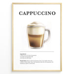 Ladda upp bild till gallerivisning, Illustrated Cappuccino recipe poster with espresso, steamed milk, and milk foam in a clear glass cup.
