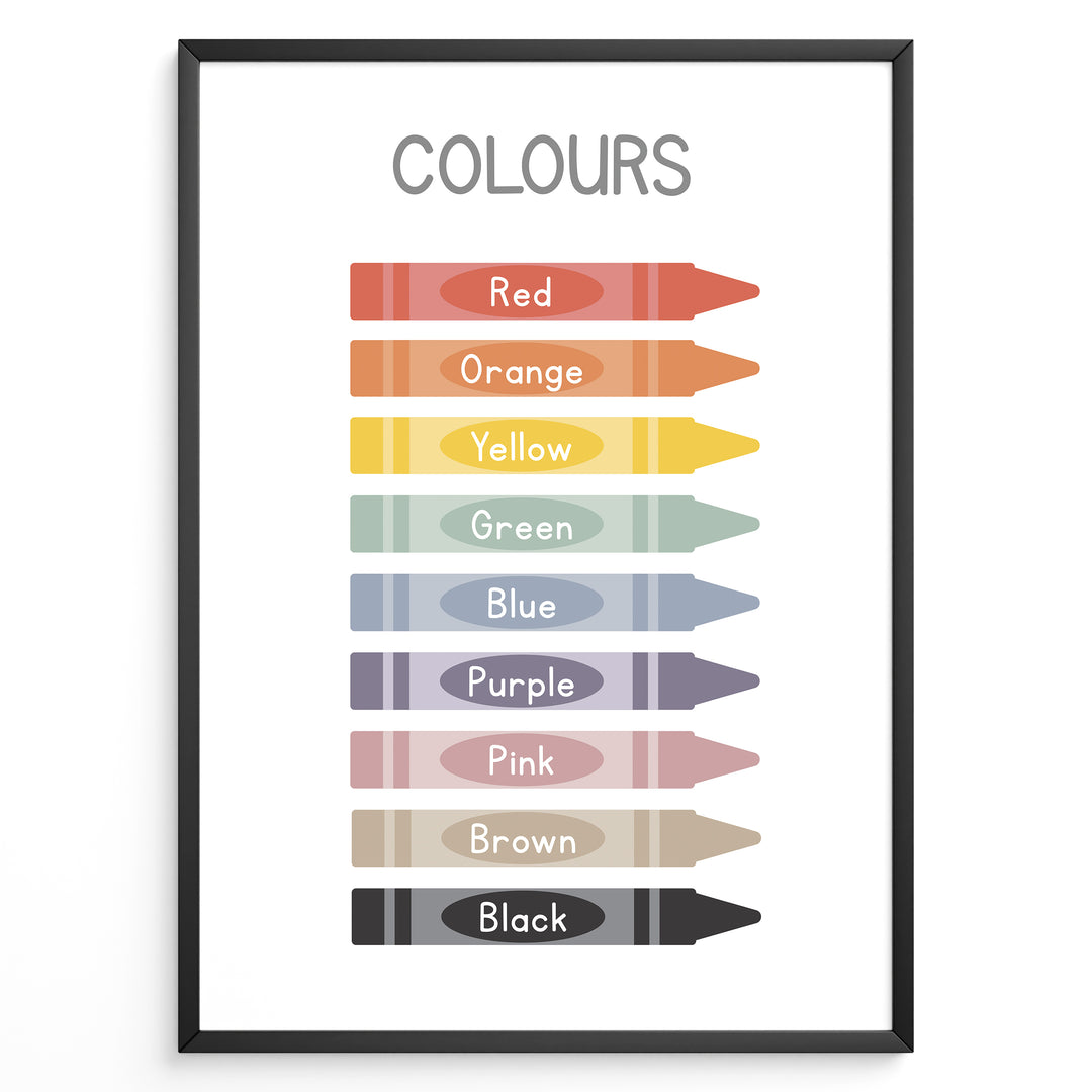 Educational poster featuring colourful crayons labelled with colour names such as red, orange, yellow, green, blue, purple, pink, brown, and black, framed as kids’ learning wall art.