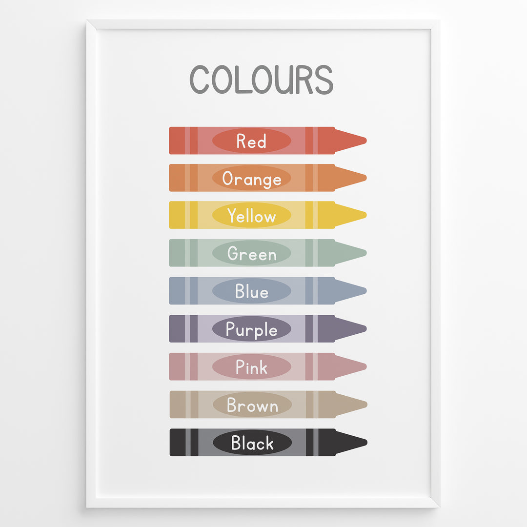 Educational poster featuring colourful crayons labelled with colour names such as red, orange, yellow, green, blue, purple, pink, brown, and black, framed as kids’ learning wall art.