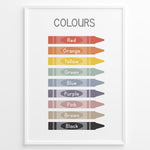 Ladda upp bild till gallerivisning, Educational poster featuring colourful crayons labelled with colour names such as red, orange, yellow, green, blue, purple, pink, brown, and black, framed as kids’ learning wall art.
