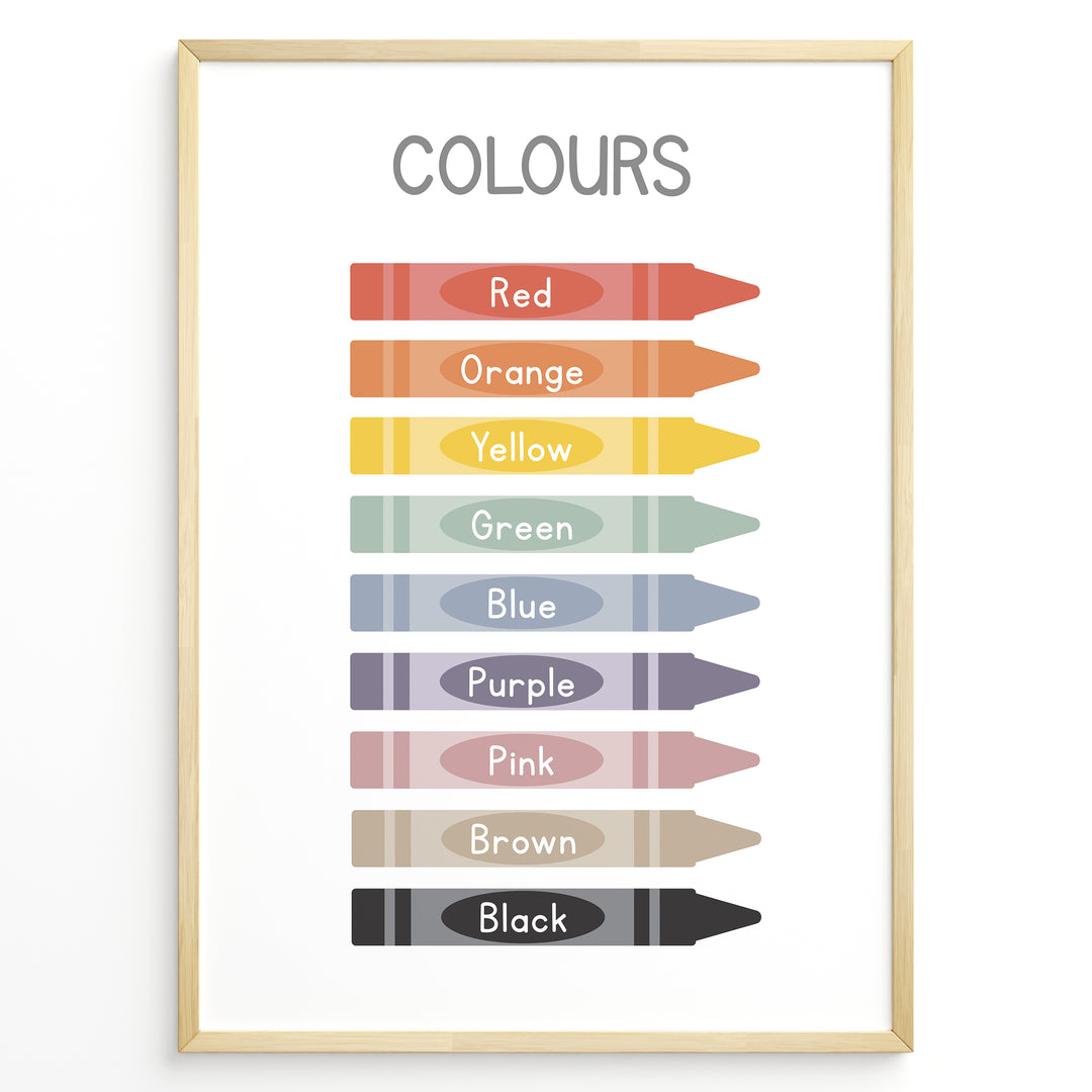 Educational poster featuring colourful crayons labelled with colour names such as red, orange, yellow, green, blue, purple, pink, brown, and black, framed as kids’ learning wall art.