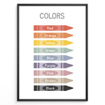 Ladda upp bild till gallerivisning, Educational poster showing colorful crayons labeled with color names including red, orange, yellow, green, blue, purple, pink, brown, and black, framed as children’s learning wall art.
