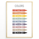 Ladda upp bild till gallerivisning, Educational poster showing colorful crayons labeled with color names including red, orange, yellow, green, blue, purple, pink, brown, and black, framed as children’s learning wall art.
