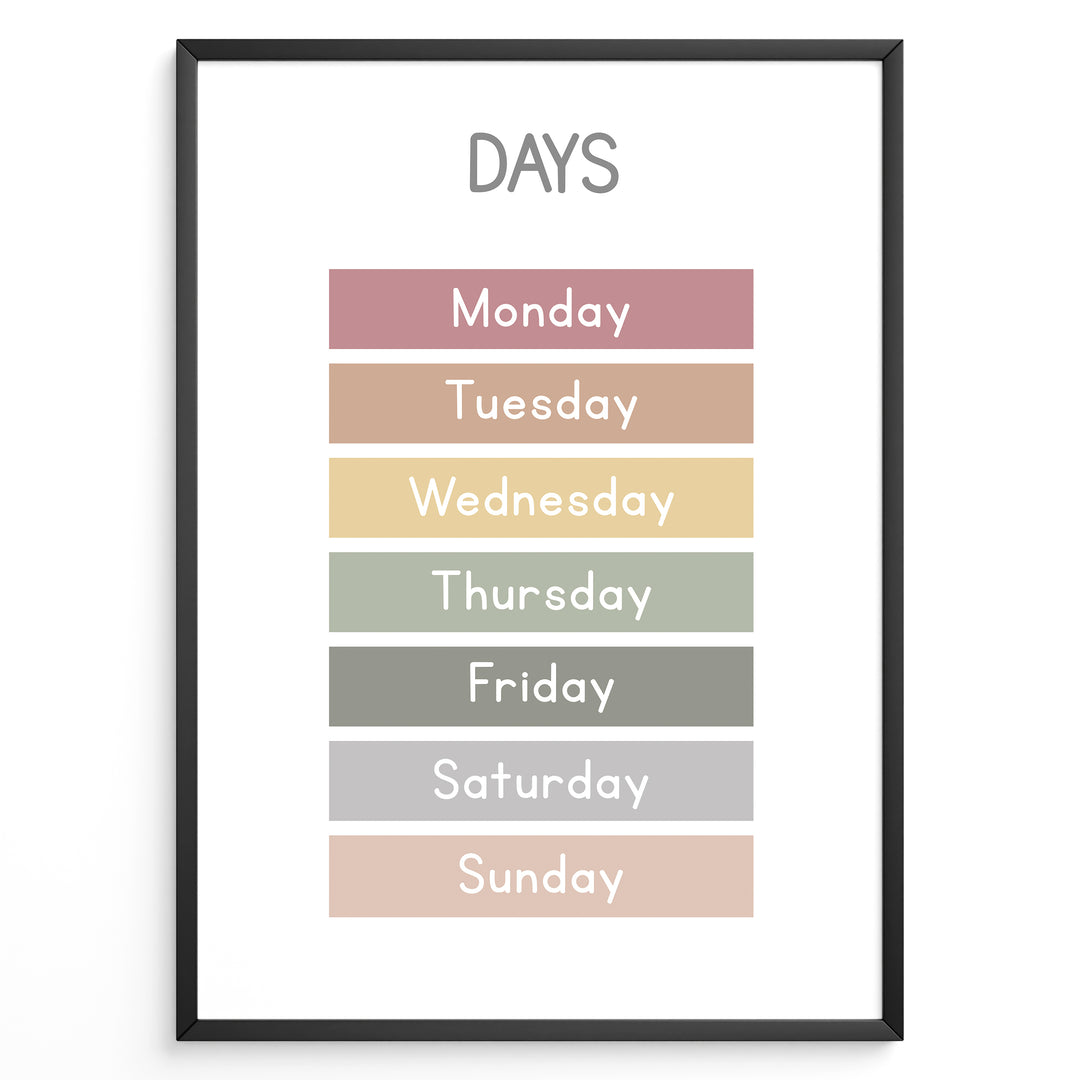Pastel-colored days-of-the-week poster showing Monday through Sunday in soft color blocks, framed as children’s educational wall art.