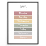 Ladda upp bild till gallerivisning, Pastel-colored days-of-the-week poster showing Monday through Sunday in soft color blocks, framed as children’s educational wall art.
