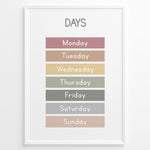 Ladda upp bild till gallerivisning, Pastel-colored days-of-the-week poster showing Monday through Sunday in soft color blocks, framed as children’s educational wall art.
