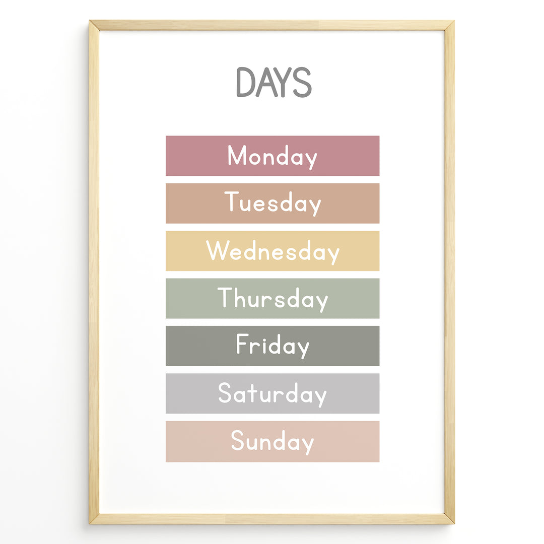Pastel-colored days-of-the-week poster showing Monday through Sunday in soft color blocks, framed as children’s educational wall art.
