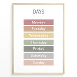 Ladda upp bild till gallerivisning, Pastel-colored days-of-the-week poster showing Monday through Sunday in soft color blocks, framed as children’s educational wall art.

