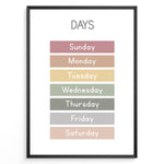 Ladda upp bild till gallerivisning, Pastel-colored days-of-the-week poster showing Sunday to Saturday in soft color blocks, framed as children’s educational wall art.
