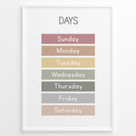 Ladda upp bild till gallerivisning, Pastel-colored days-of-the-week poster showing Sunday to Saturday in soft color blocks, framed as children’s educational wall art.
