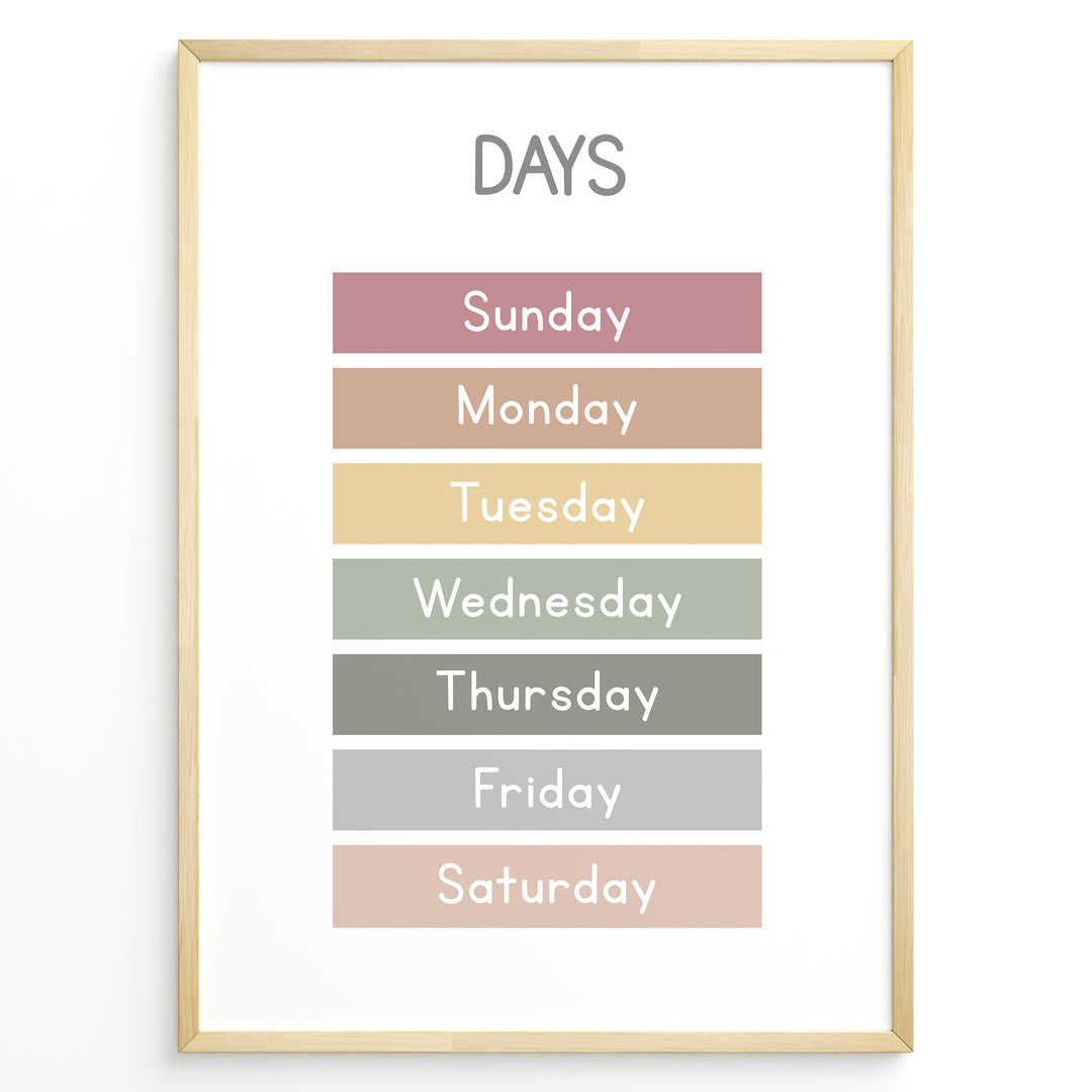 Pastel-colored days-of-the-week poster showing Sunday to Saturday in soft color blocks, framed as children’s educational wall art.