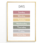 Ladda upp bild till gallerivisning, Pastel-colored days-of-the-week poster showing Sunday to Saturday in soft color blocks, framed as children’s educational wall art.
